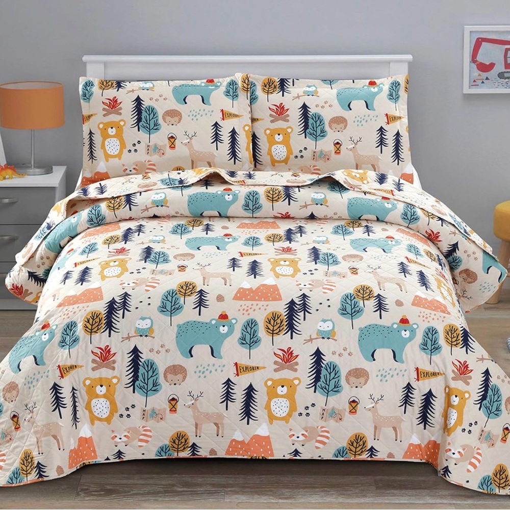 Woodland Bear Deer Quilt Set Full/Queen Cabin Lodge Bedding w/ Shams